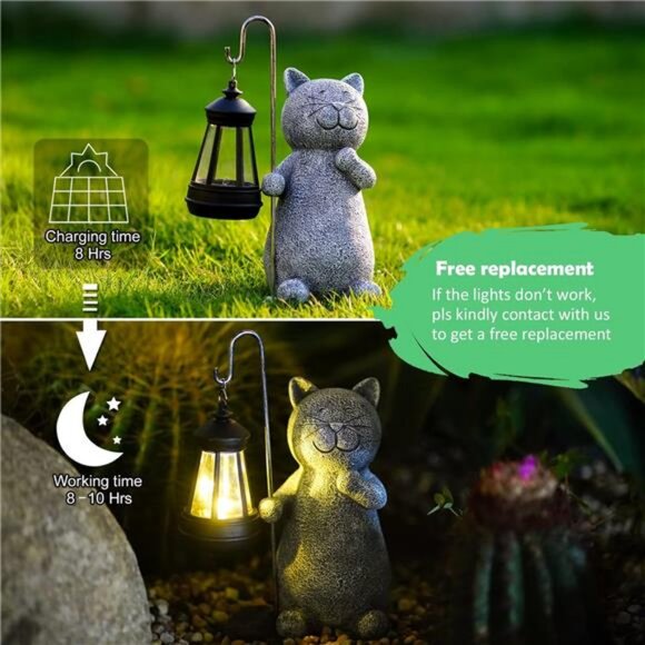 Solar Garden Statue Cat Figurine- Garden Art with Solar Lantern, Loving Cat - Picture 5 of 7